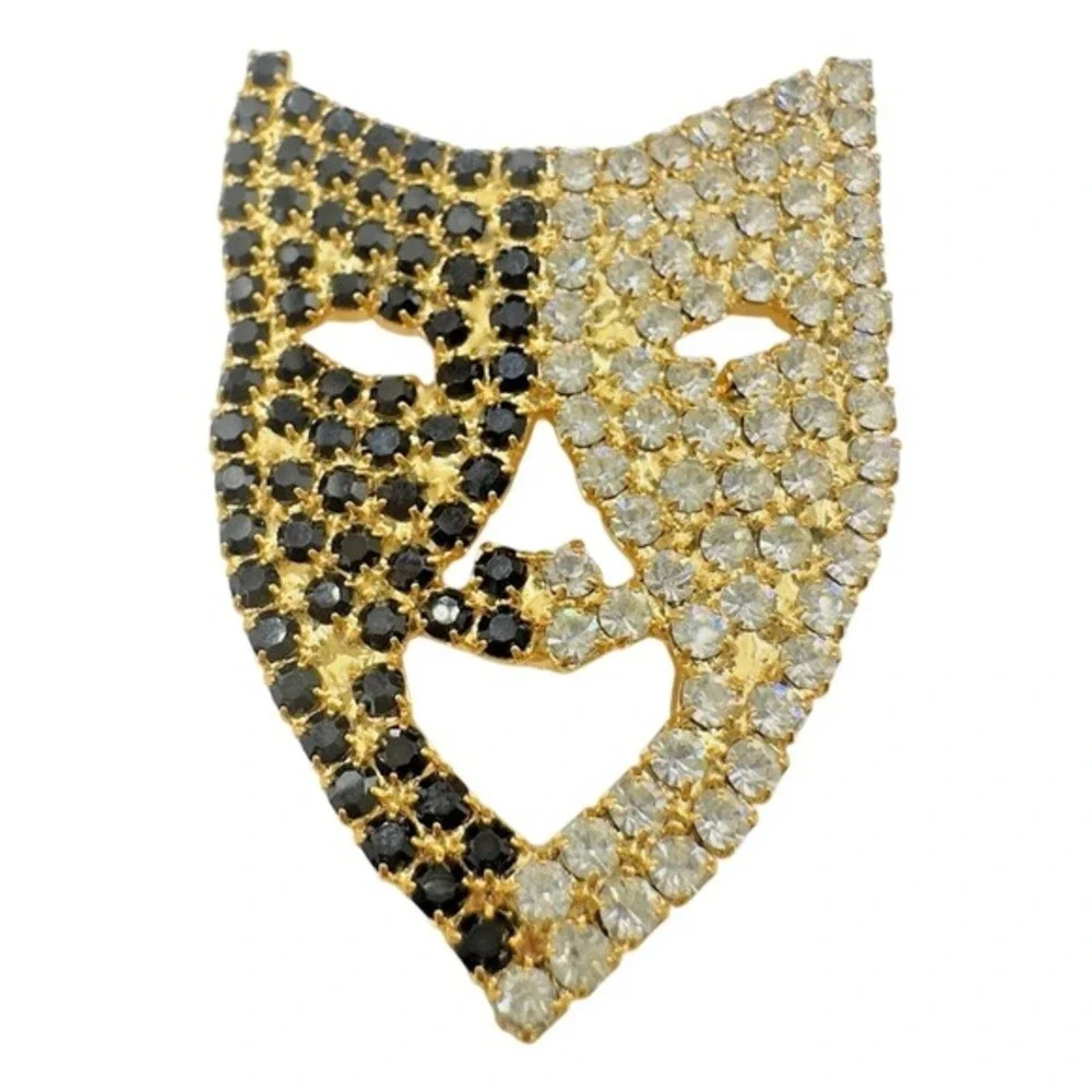 Siluane Mask Brooch Rhinestone Gold Tone Black Clear Crystal Theatrical Mask Pin